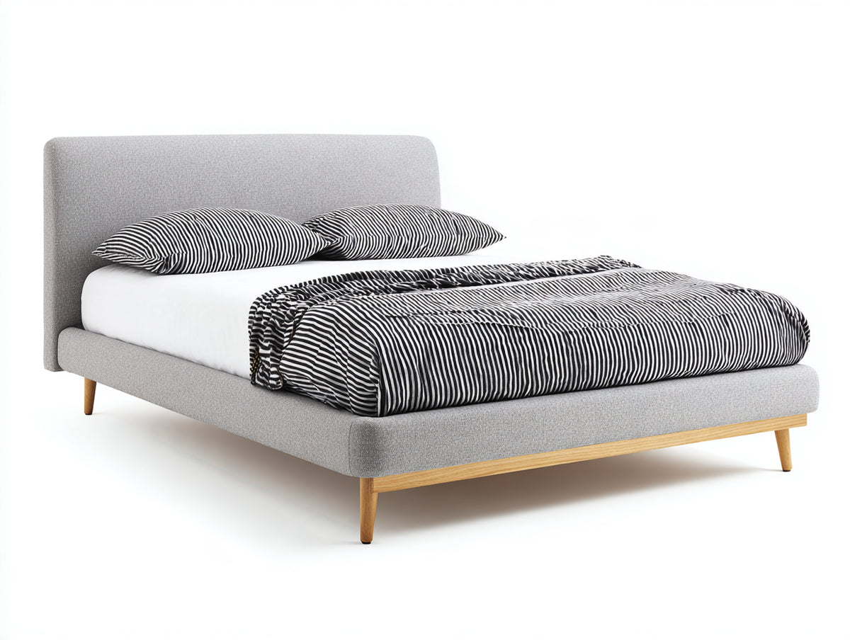 Cama doble tapizada 210 x 160 x 110 cm - gris claro y madera natural - cabecero acolchado con patas inclinadas