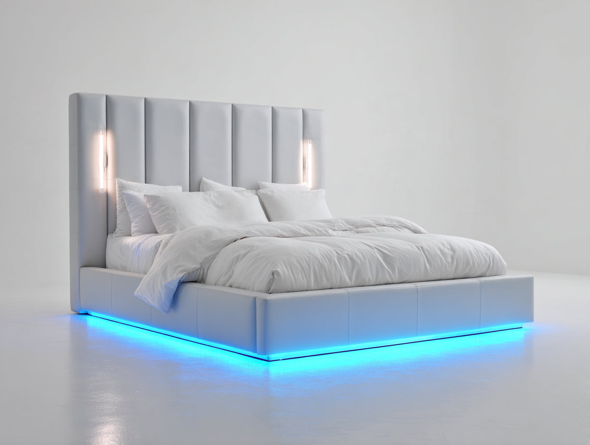 Cama doble tapizada 210 x 160 x 140 cm - gris claro - cabecero vertical acolchado con iluminación integrada y LED inferior