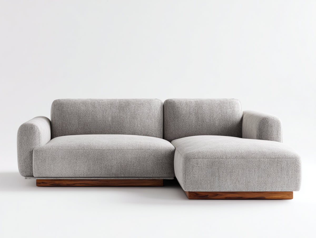 Sofá de esquina de tela 260 x 260 x 86 cm - gris claro y nogal - diseño moderno con chaise longue para salón