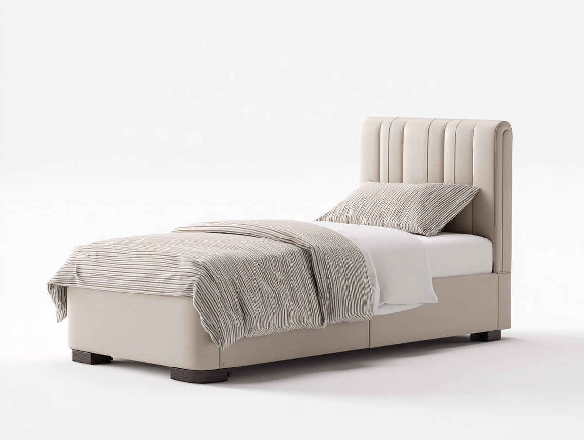 Cama individual tapizada 205x105x110 cm - beige - cabecero vertical acolchado y diseño moderno