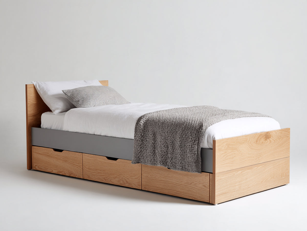 Cama individual de madera 210x105x100 cm - roble natural y gris - diseño moderno con almacenamiento inferior