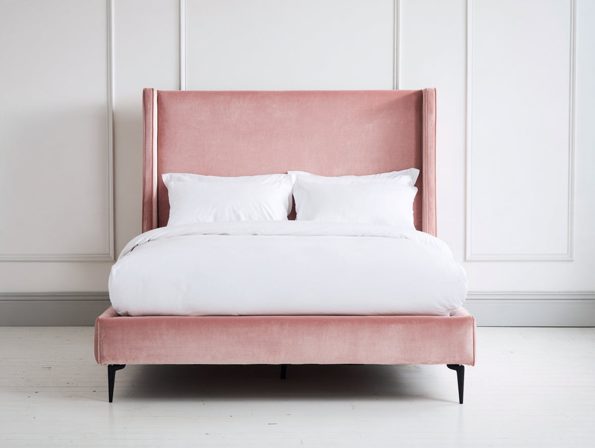 Cama doble tapizada en terciopelo 210 x 180 x 150 cm - rosa empolvado y negro - cabecero alto envolvente de diseño elegante para dormitorio