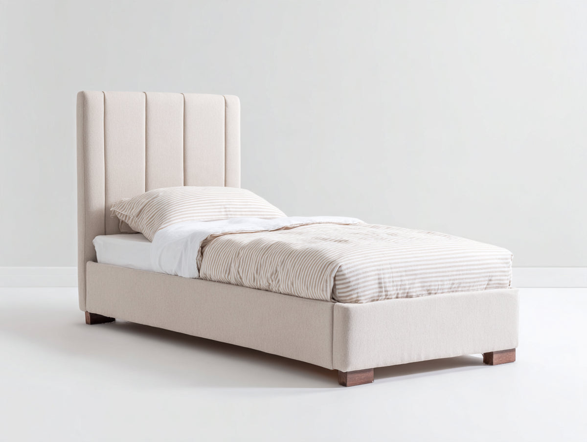 Cama individual tapizada en tela 200 x 115 x 100 cm - beige claro y marrón oscuro - cabecero acolchado con paneles verticales de diseño moderno para dormitorio