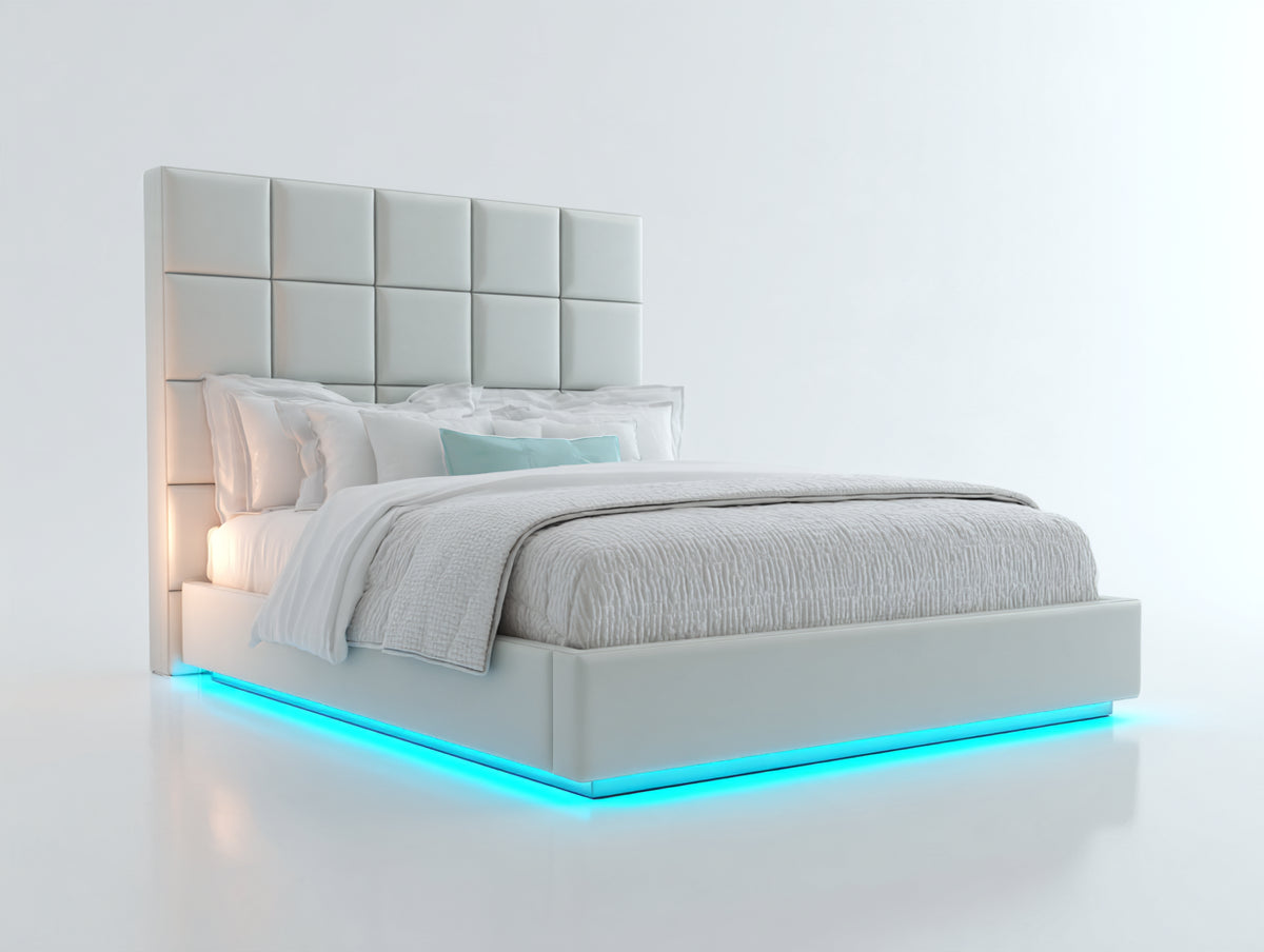 Cama doble tapizada 210x180x140 cm - blanco - cabecero alto con iluminación LED y diseño moderno