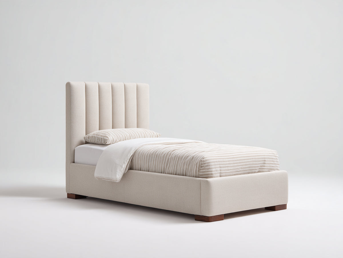 Cama individual tapizada en tela 200x115x100 cm - beige claro y marrón oscuro - diseño moderno con cabecero acolchado de paneles verticales