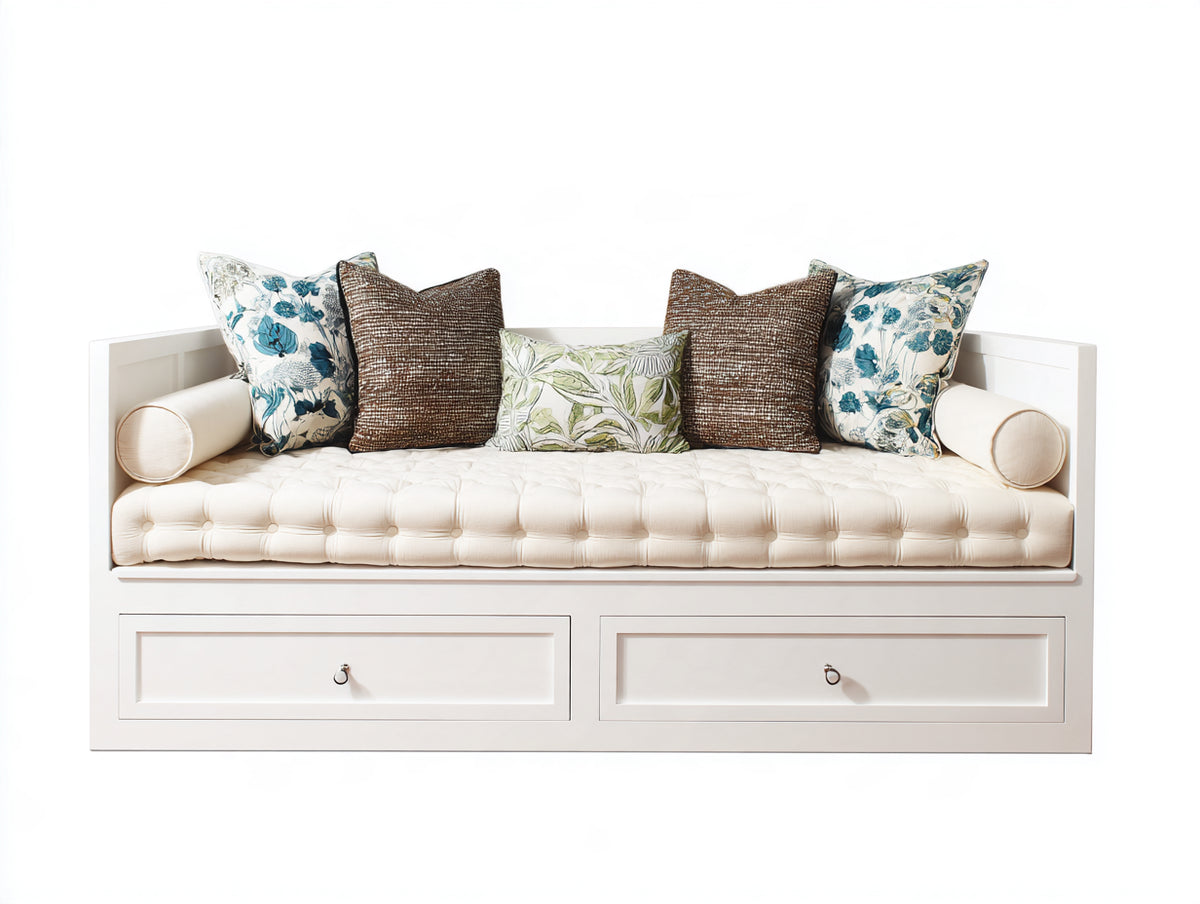 Sofá cama de madera con asiento tapizado y 2 cajones 210 x 90 x 85 cm - blanco crema - diseño clásico con almacenamiento para salón y dormitorio