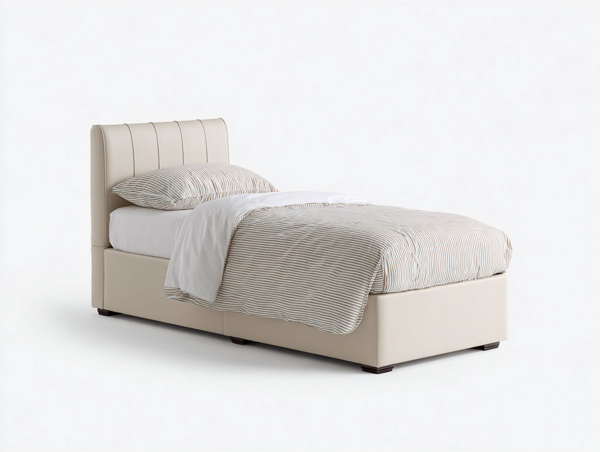 Cama individual tapizada 200x115x100 cm - beige crema y marrón oscuro - diseño moderno con cabecero acolchado de paneles verticales