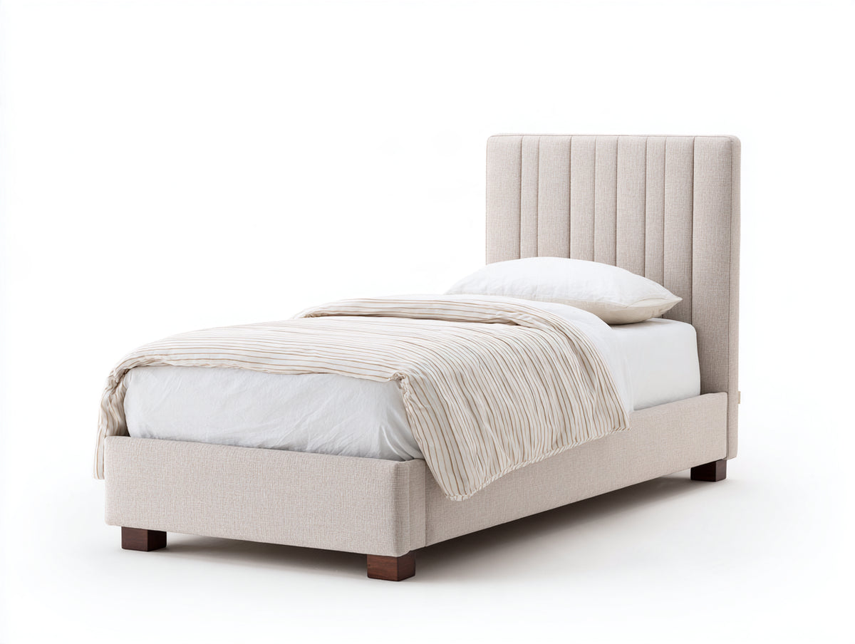 Cama individual tapizada 210x105x115 cm - beige - diseño moderno con cabecero acanalado y patas de madera