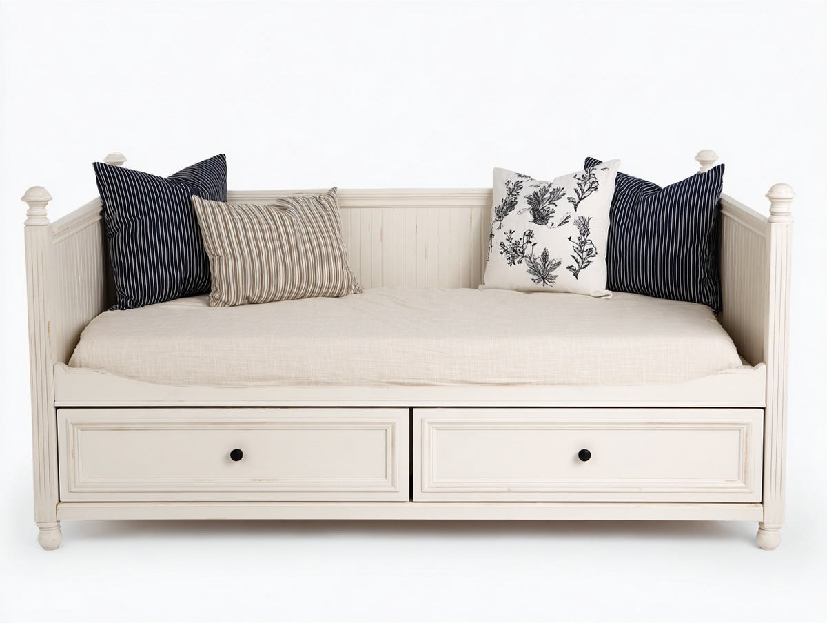 Sofá cama de madera 200 x 90 x 95 cm - blanco envejecido - 2 cajones inferiores con diseño clásico