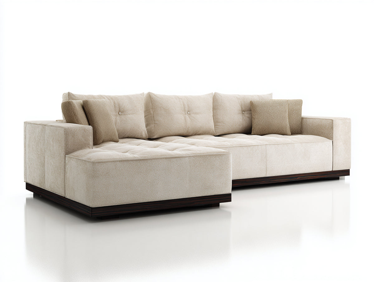 Sofá de esquina tapizado 260 x 180 x 85 cm - beige y madera oscura - chaise longue con asiento capitoné y diseño contemporáneo