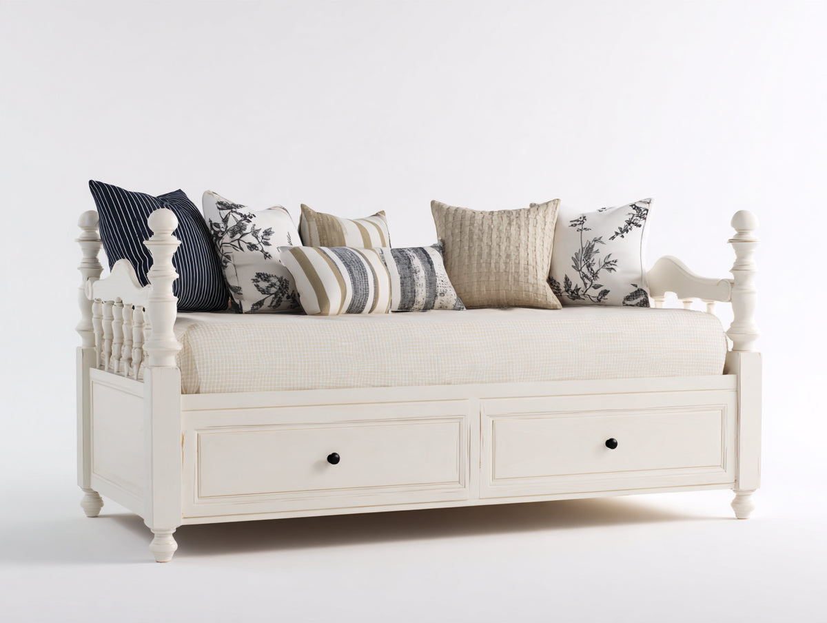 Sofá cama de madera 200 x 90 x 95 cm - blanco envejecido - 2 cajones inferiores con laterales torneados y diseño clásico