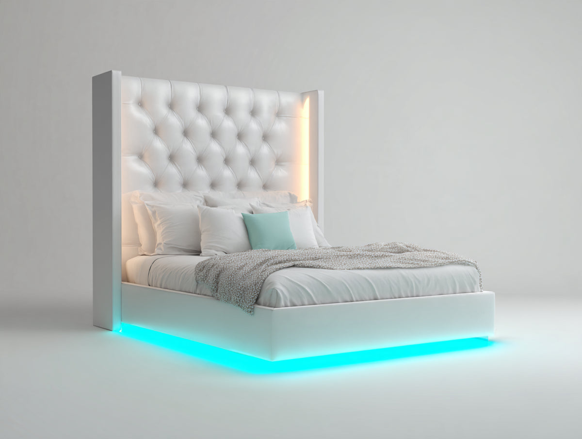 Cama doble tapizada 210x180x150 cm - blanco - diseño moderno con cabecero capitoné e iluminación integrada