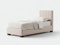 Cama individual tapizada 205 x 105 x 110 cm - beige y madera oscura - cabecero acolchado con canales verticales