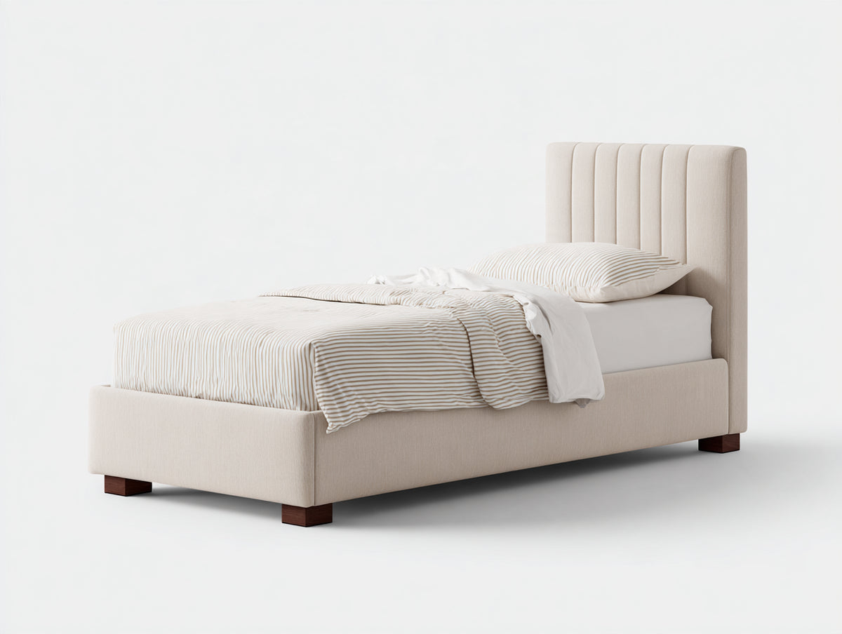 Cama individual tapizada 205 x 105 x 110 cm - beige y madera oscura - cabecero acolchado con canales verticales