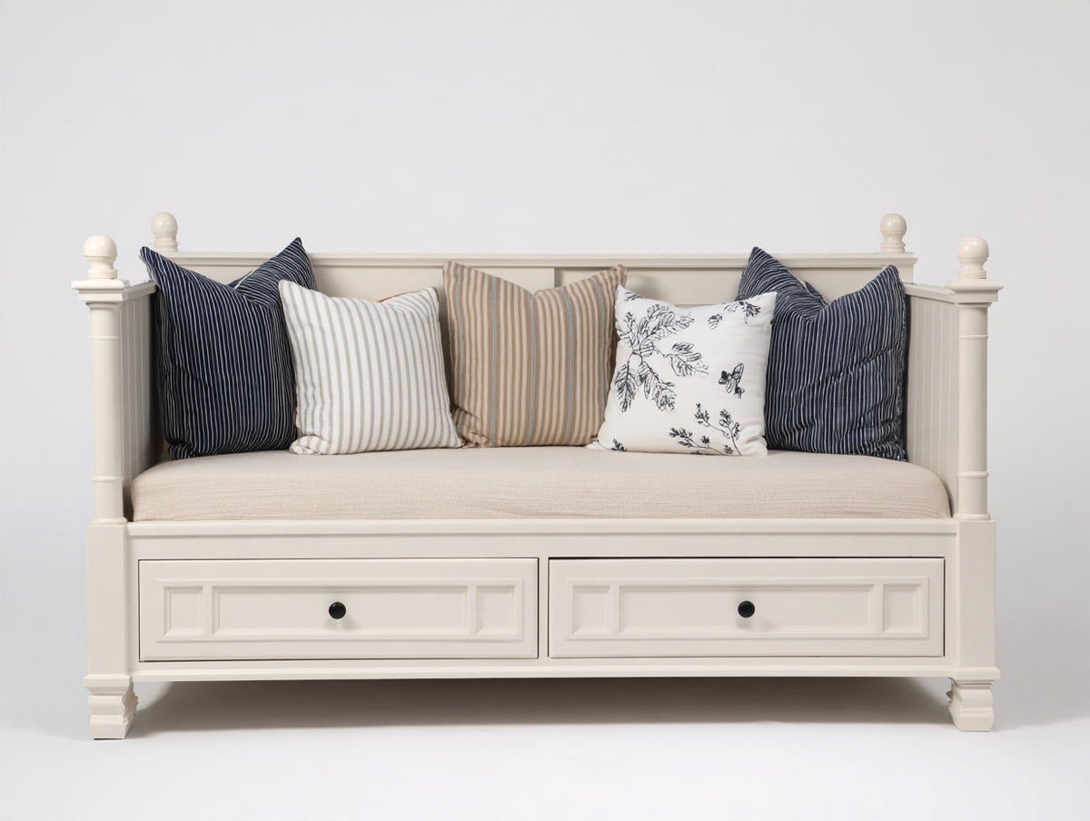 Sofá cama de madera 200x90x90 cm - blanco marfil - estilo clásico con 2 cajones de almacenamiento