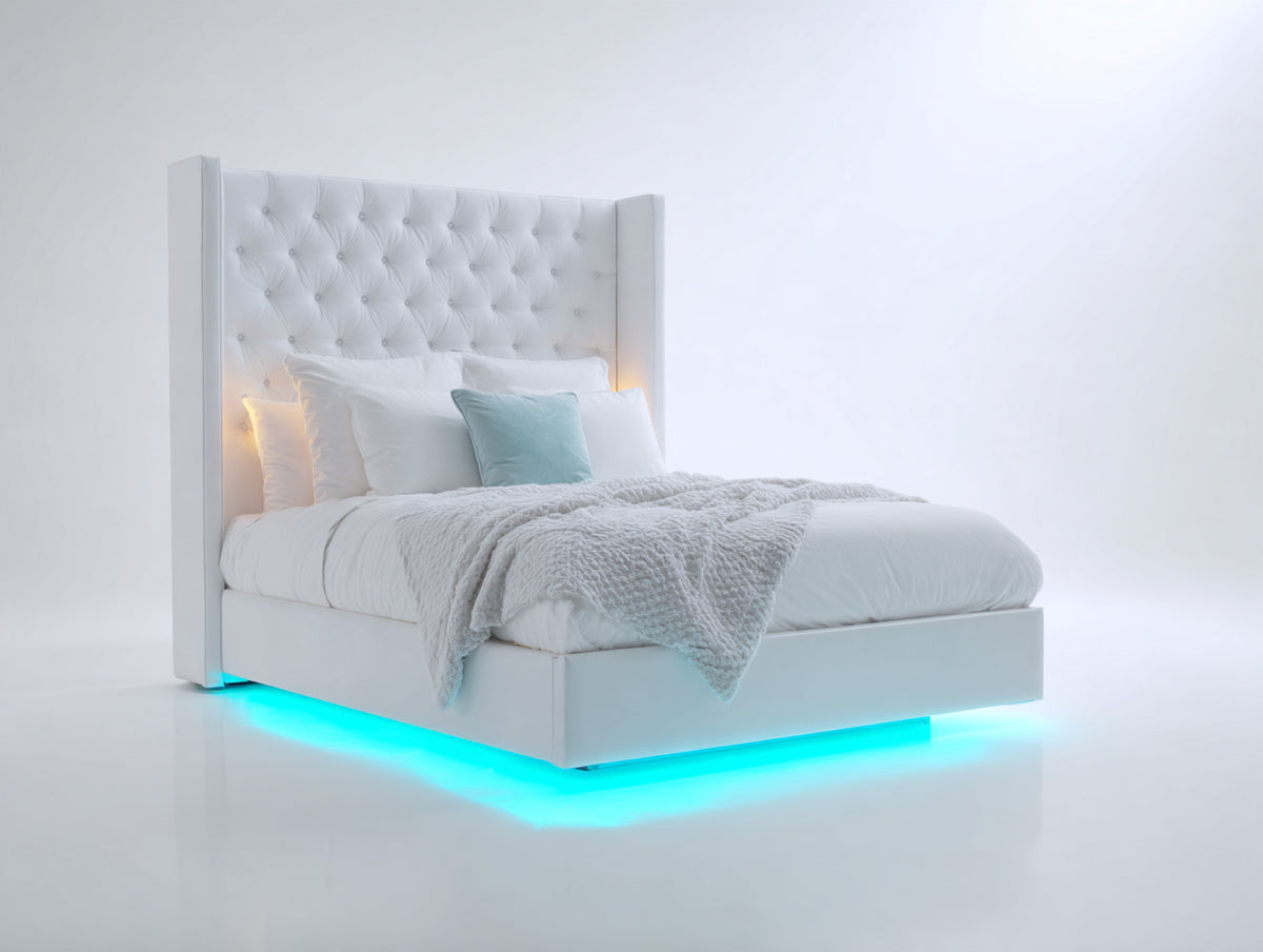 Cama doble tapizada 210x180x145 cm - blanco - cabecero alto capitoné con iluminación LED