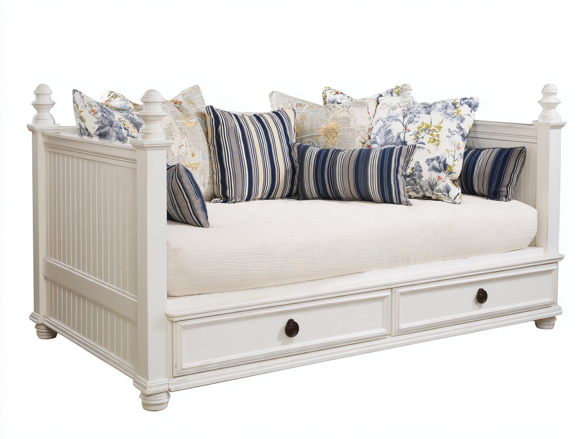 Sofá cama de madera con 2 cajones 210 x 90 x 85 cm - blanco marfil - diseño clásico con paneles acanalados y almacenamiento para salón