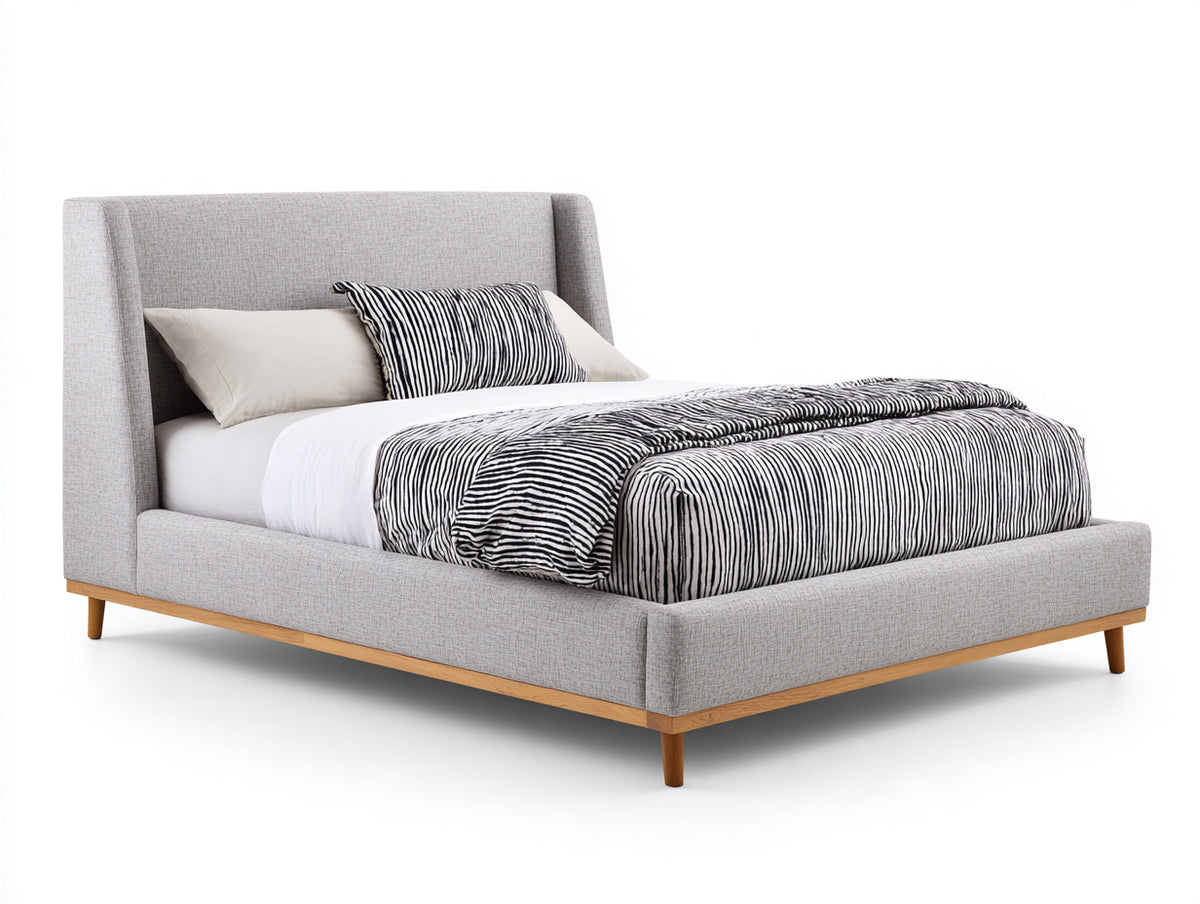 Cama doble tapizada 215x185x115 cm - gris claro y madera natural - cabecero alto envolvente y diseño contemporáneo