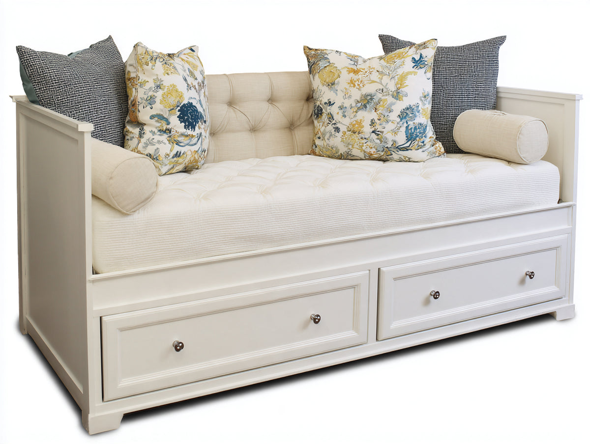 Sofá cama con 2 cajones 205x95x90 cm - blanco y beige - respaldo capitoné y almacenamiento integrado
