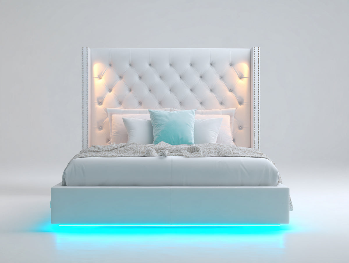 Cama doble tapizada 210 x 160 x 145 cm - blanco - cabecero capitoné con iluminación integrada y LED inferior