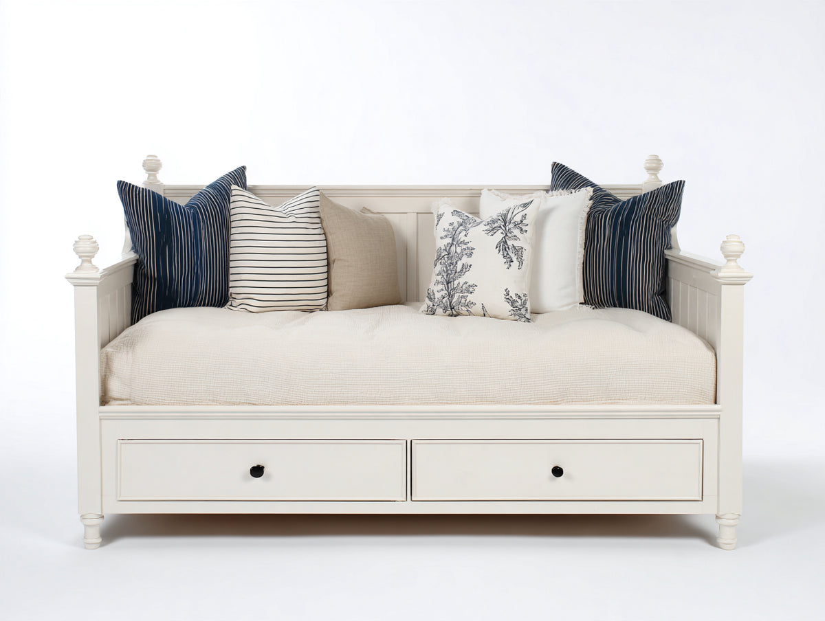 Sofá cama de madera con 2 cajones 210 x 90 x 85 cm - blanco marfil - diseño clásico con laterales de barrotes para salón y dormitorio