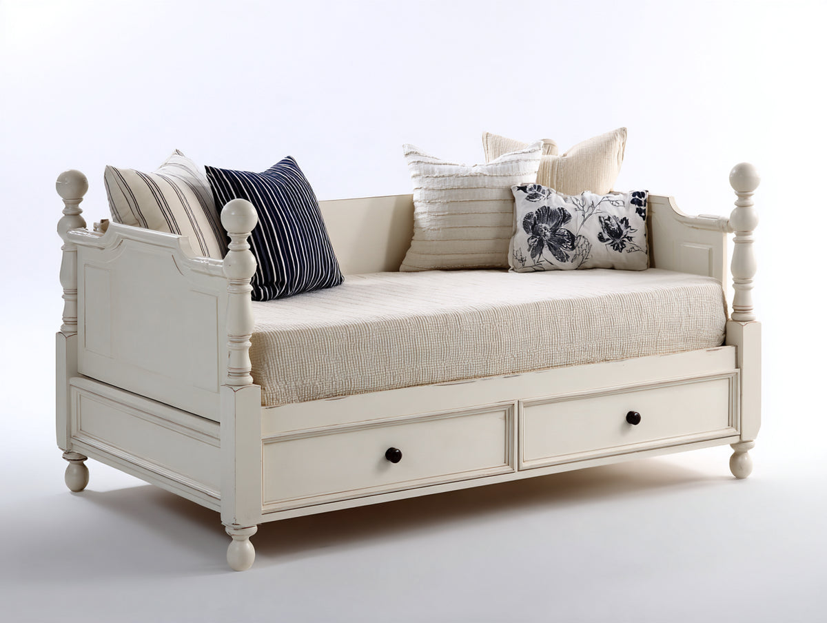Sofá cama de madera con 2 cajones 210 x 90 x 85 cm - blanco marfil - diseño clásico con postes torneados para salón y dormitorio