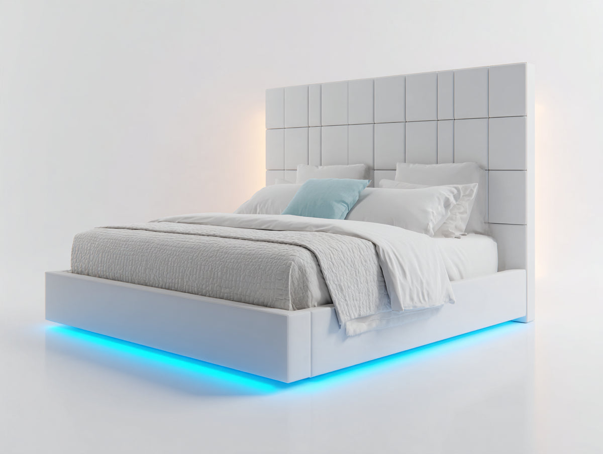 Cama doble tapizada 210 x 160 x 135 cm - blanco - cabecero geométrico acolchado con iluminación LED inferior