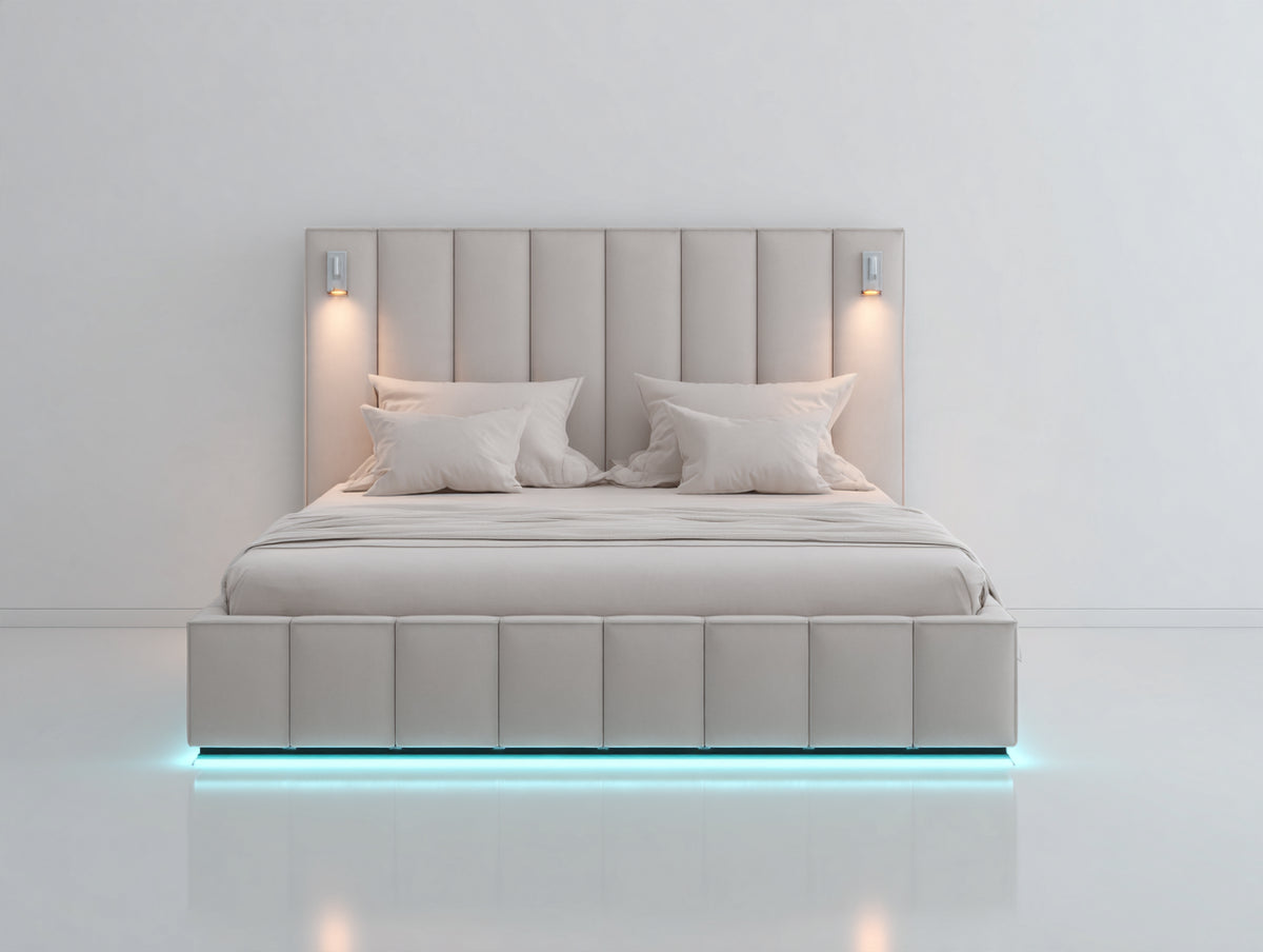 Cama doble tapizada en tela 210 x 180 x 150 cm - blanco crema - cabecero acolchado con luces de lectura e iluminación LED de diseño moderno